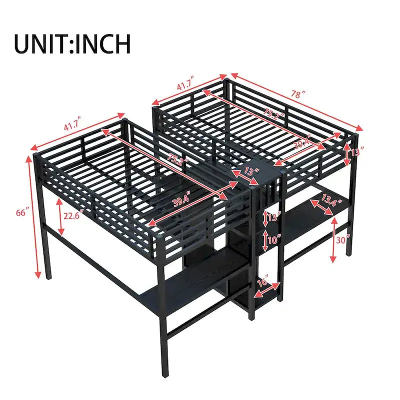 Lit mezzanine en métal avec double bureau, armoire, étagères et prise électrique pour un gain de place