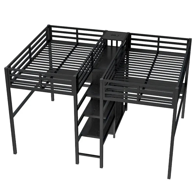 Lit mezzanine en métal avec double bureau, armoire, étagères et prise électrique pour un gain de place