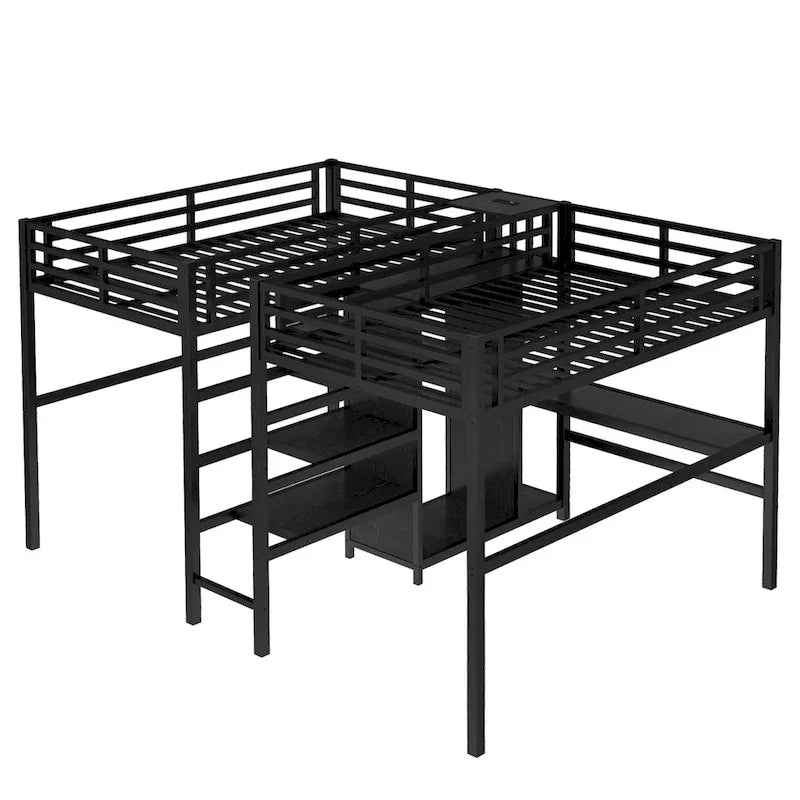 Lit mezzanine en métal avec double bureau, armoire, étagères et prise électrique pour un gain de place
