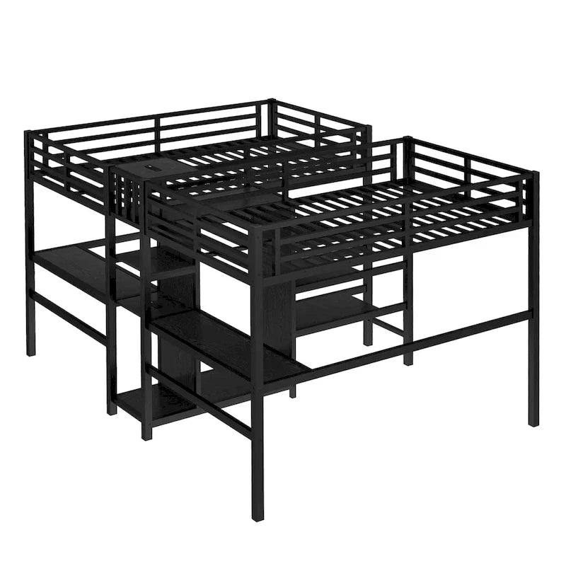 Lit mezzanine en métal avec double bureau, armoire, étagères et prise électrique pour un gain de place