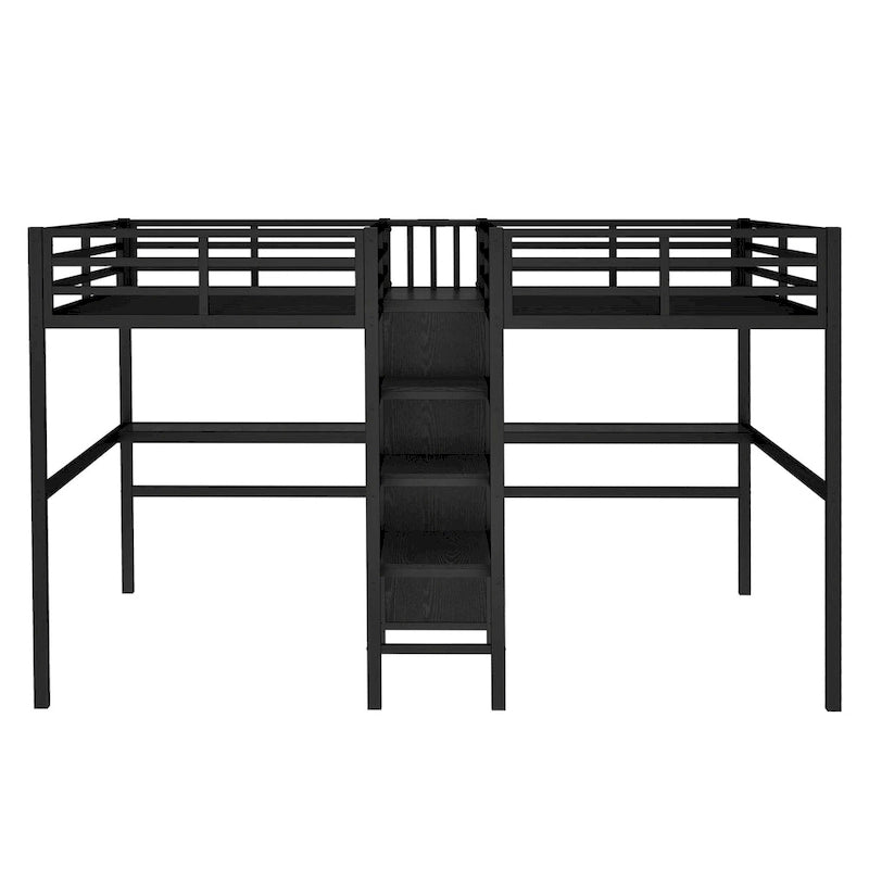 Lit mezzanine en métal avec double bureau, armoire, étagères et prise électrique pour un gain de place