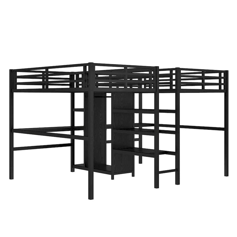 Lit mezzanine en métal avec double bureau, armoire, étagères et prise électrique pour un gain de place