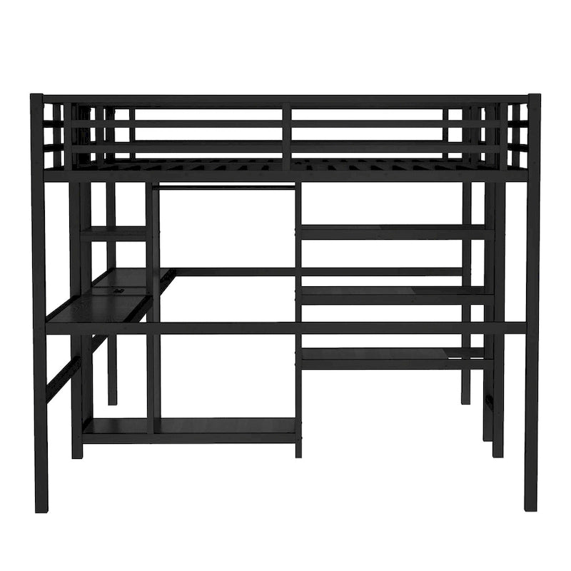 Lit mezzanine en métal avec double bureau, armoire, étagères et prise électrique pour un gain de place