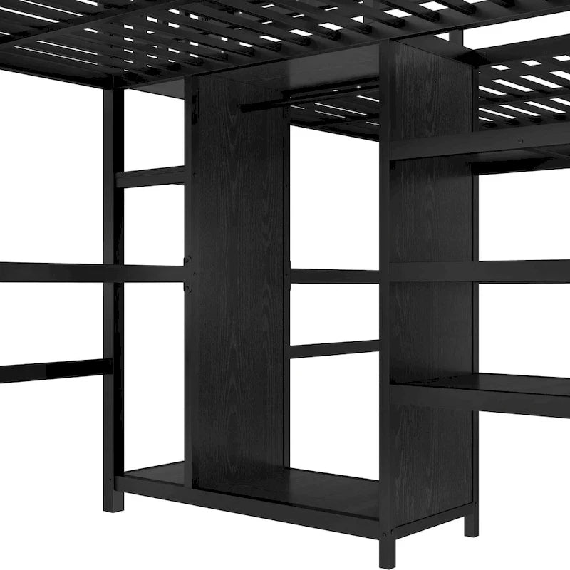 Lit mezzanine en métal avec double bureau, armoire, étagères et prise électrique pour un gain de place