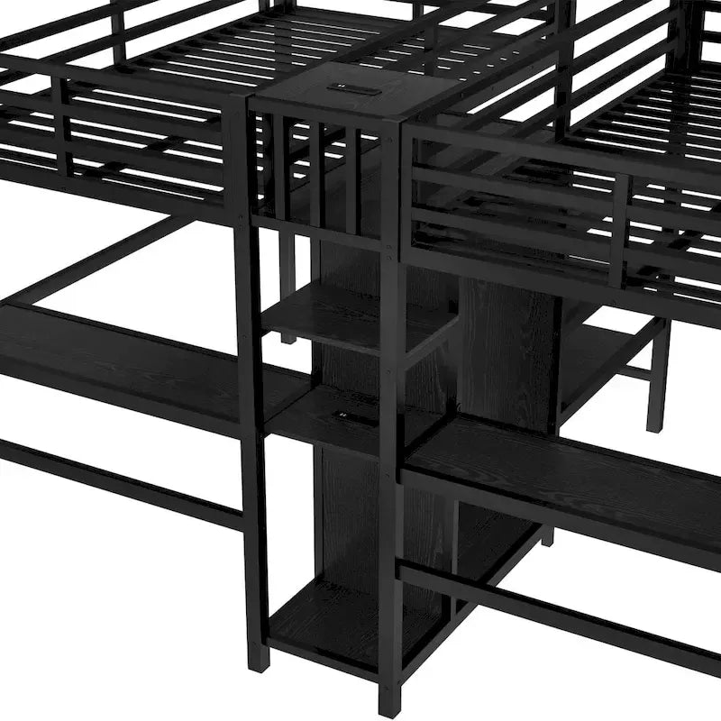 Lit mezzanine en métal avec double bureau, armoire, étagères et prise électrique pour un gain de place