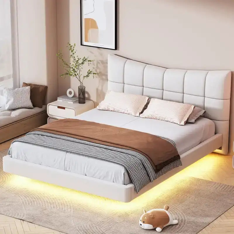 Beige Queen Size Upholstered Platform Bed with LED Lights and U-Shaped Headboard