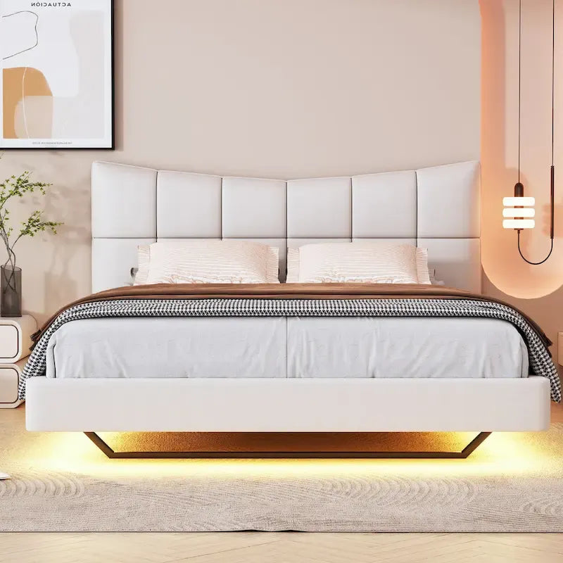 Lit plateforme capitonné beige avec lumières LED et tête de lit en forme de U