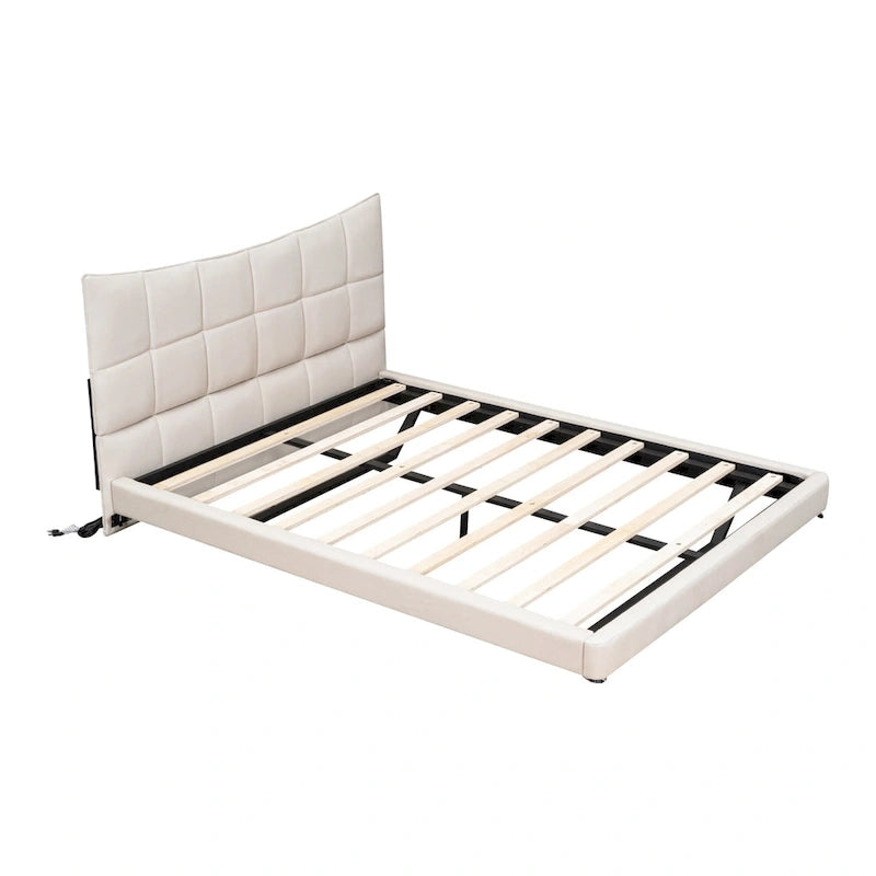 Lit plateforme capitonné beige avec lumières LED et tête de lit en forme de U