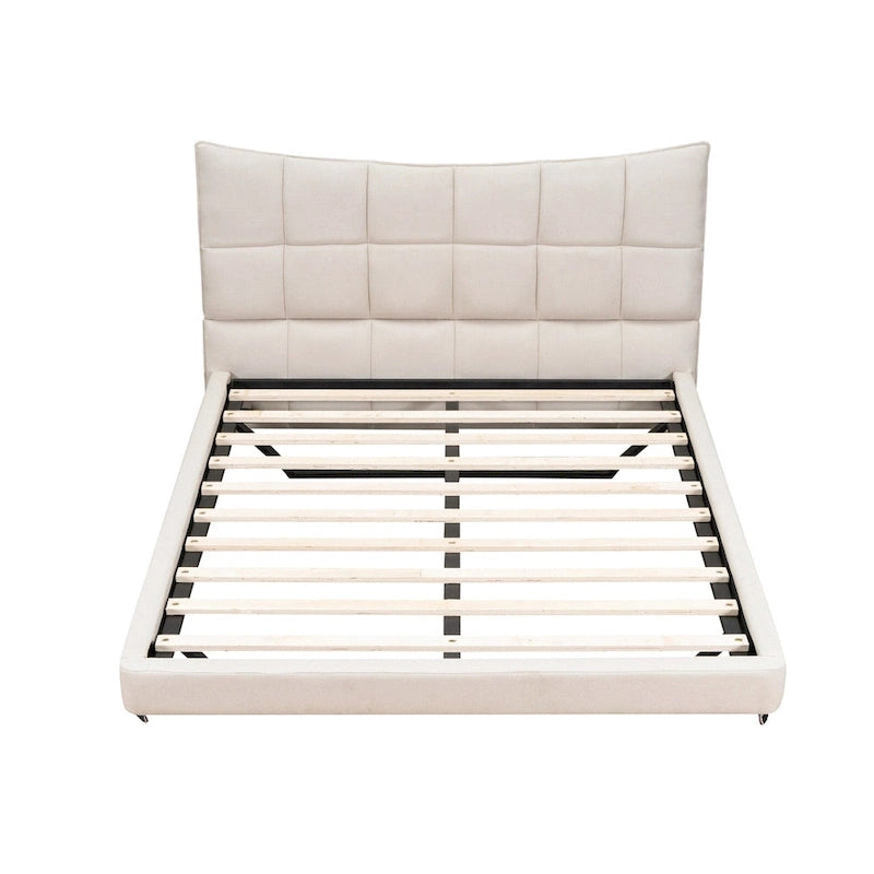Lit plateforme capitonné beige avec lumières LED et tête de lit en forme de U