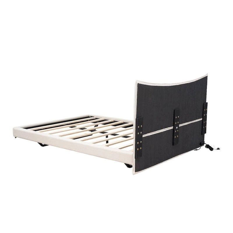 Lit plateforme capitonné beige avec lumières LED et tête de lit en forme de U