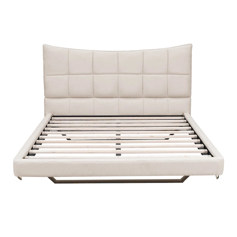 Lit plateforme capitonné beige avec lumières LED et tête de lit en forme de U