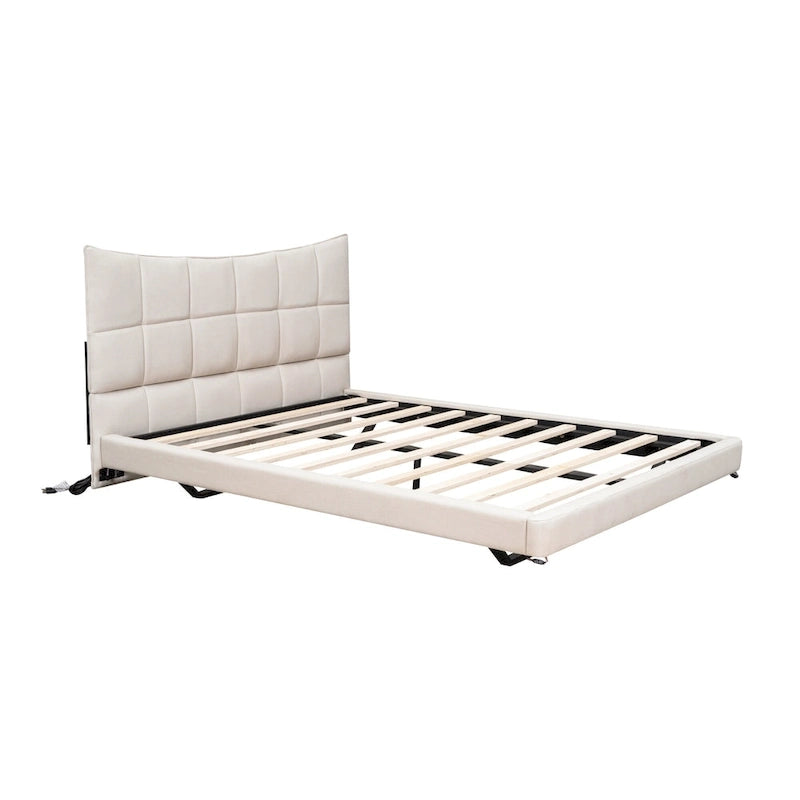 Lit plateforme capitonné beige avec lumières LED et tête de lit en forme de U