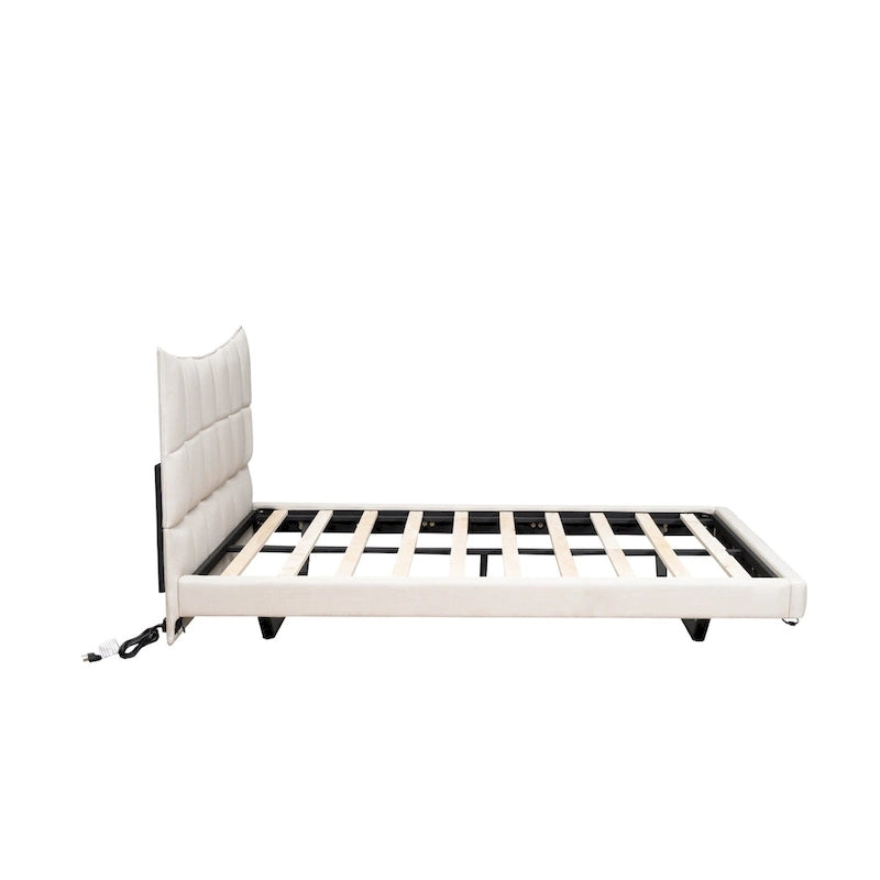 Lit plateforme capitonné beige avec lumières LED et tête de lit en forme de U