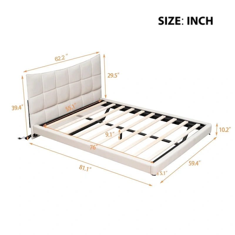 Lit plateforme capitonné beige avec lumières LED et tête de lit en forme de U
