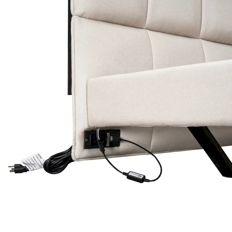 Lit plateforme capitonné beige avec lumières LED et tête de lit en forme de U