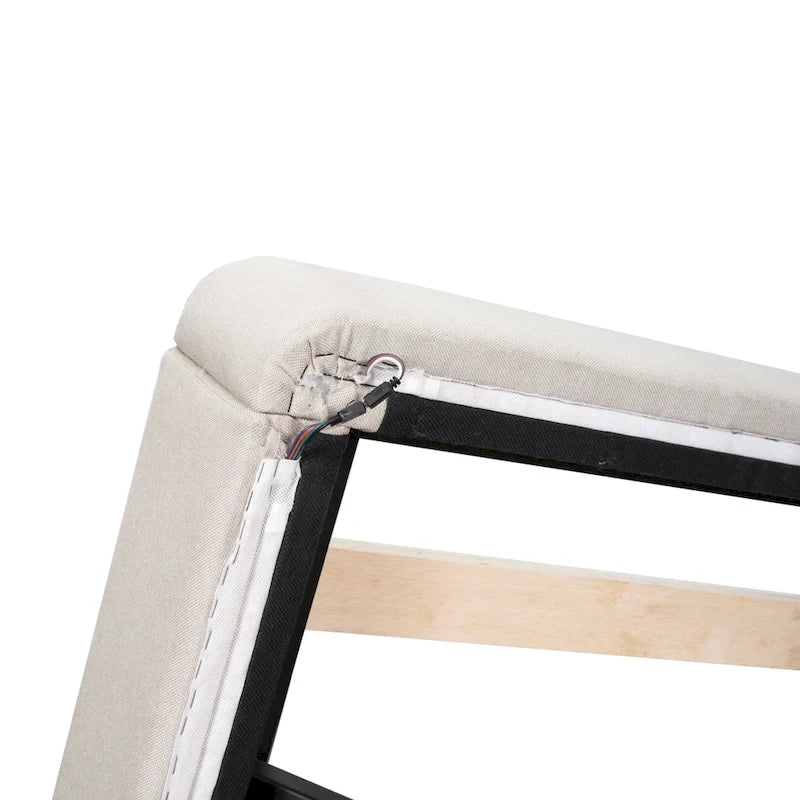 Lit plateforme capitonné beige avec lumières LED et tête de lit en forme de U