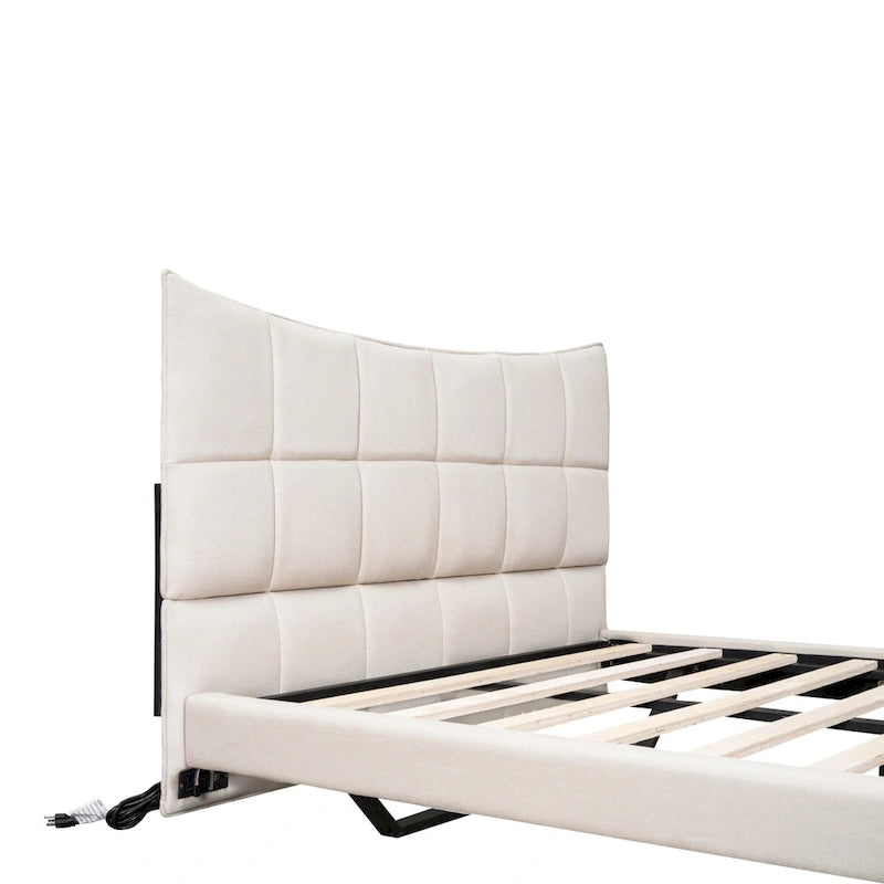Lit plateforme capitonné beige avec lumières LED et tête de lit en forme de U