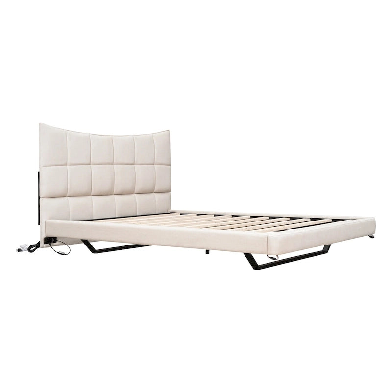 Lit plateforme capitonné beige avec lumières LED et tête de lit en forme de U