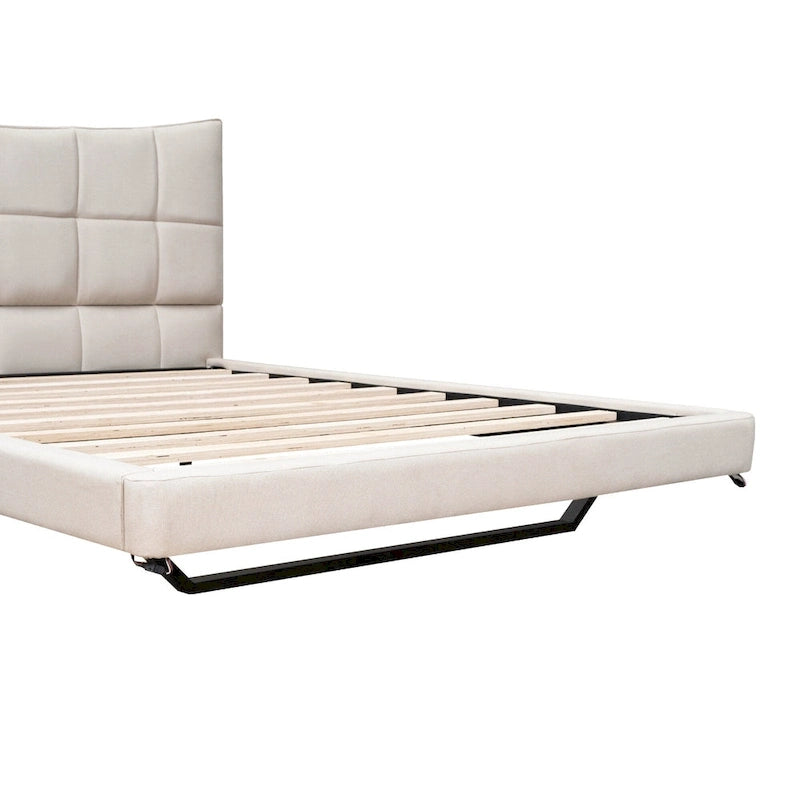 Lit plateforme capitonné beige avec lumières LED et tête de lit en forme de U
