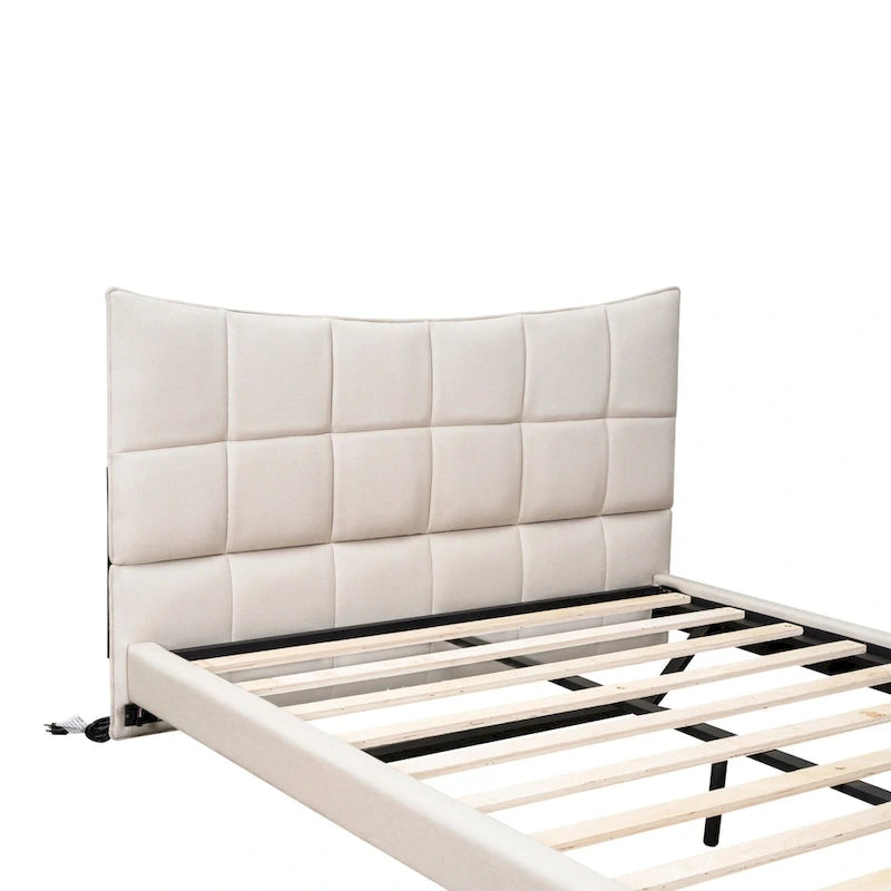 Lit plateforme capitonné beige avec lumières LED et tête de lit en forme de U