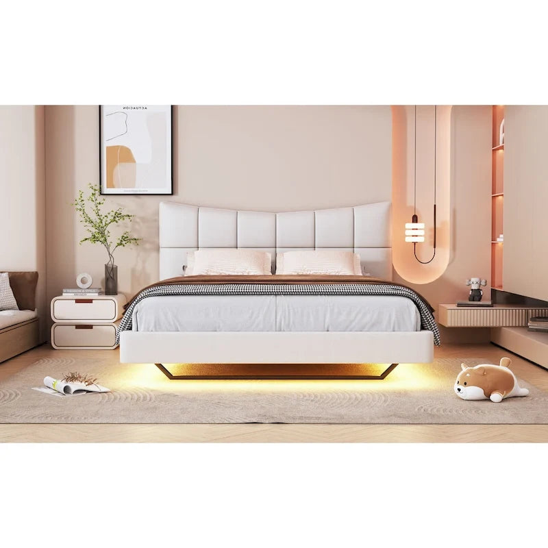 Lit plateforme capitonné beige avec lumières LED et tête de lit en forme de U
