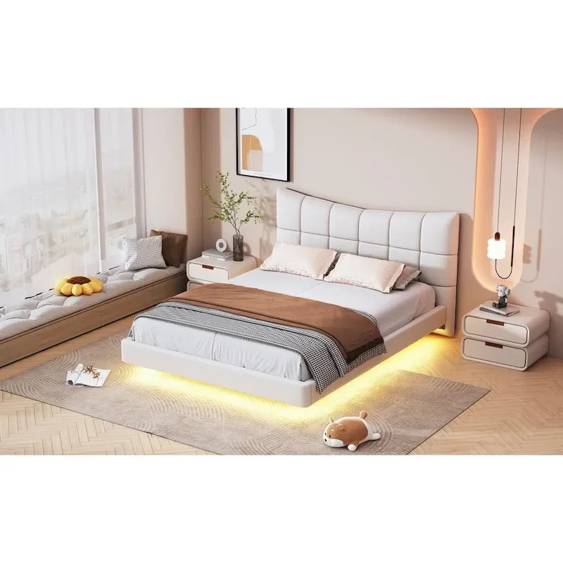 Lit plateforme capitonné beige avec lumières LED et tête de lit en forme de U