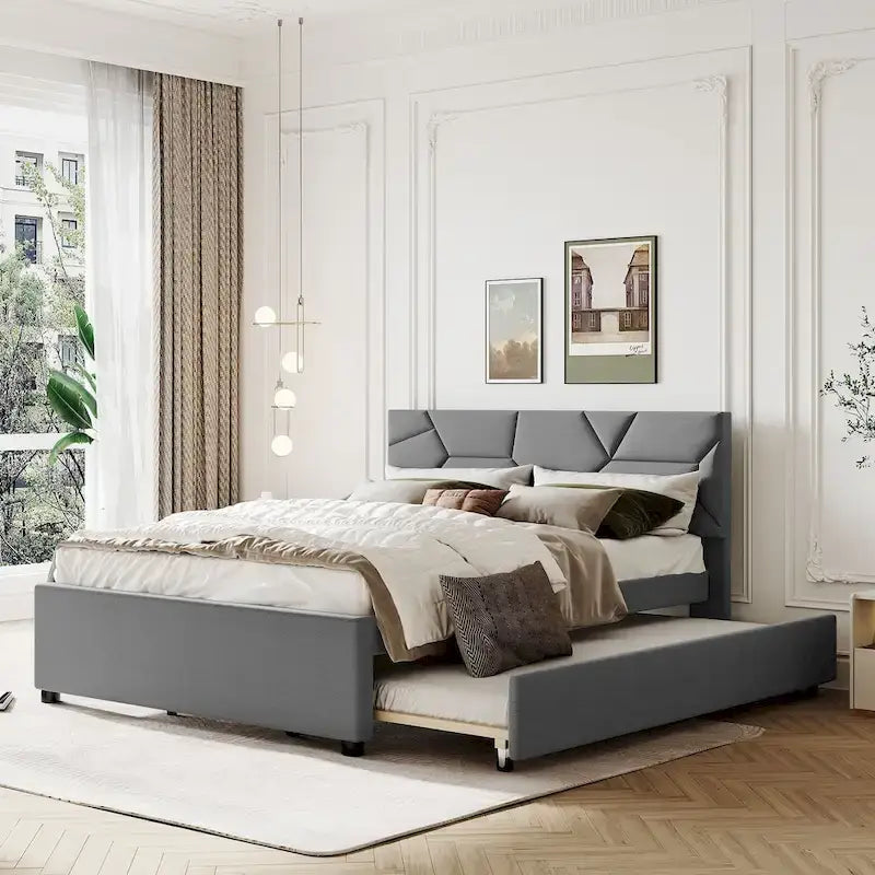 Grey Queen Size Upholstered Platform Bed with Brick Pattern Headboard and Twin Size Trundle