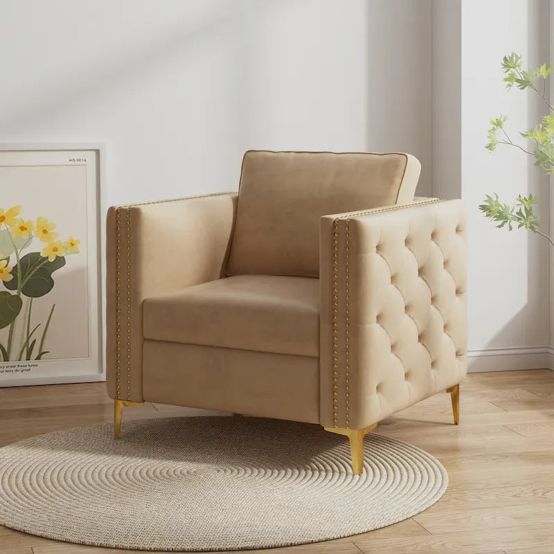 Fauteuil à accoudoirs capitonné Khaki Modern 35.4 avec pieds en métal et clous décoratifs pour salon