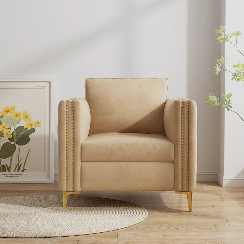 Fauteuil à accoudoirs capitonné Khaki Modern 35.4 avec pieds en métal et clous décoratifs pour salon