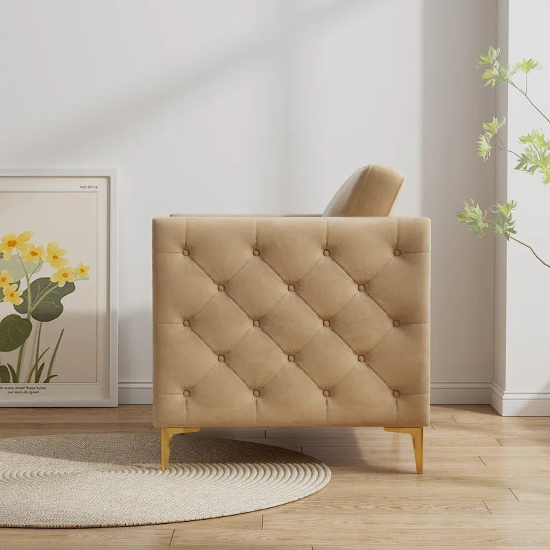 Fauteuil à accoudoirs capitonné Khaki Modern 35.4 avec pieds en métal et clous décoratifs pour salon