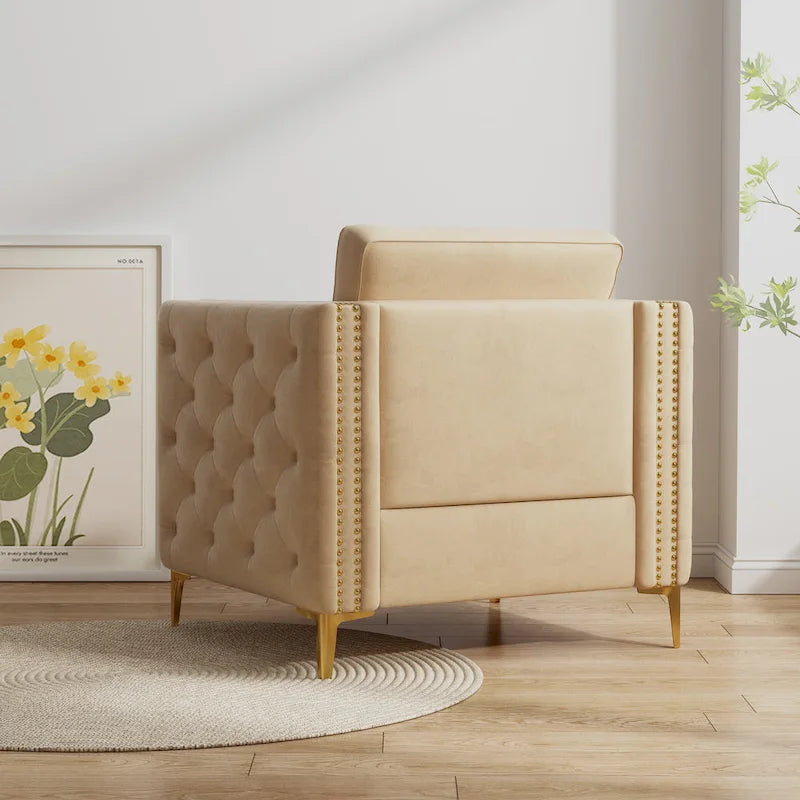 Fauteuil à accoudoirs capitonné Khaki Modern 35.4 avec pieds en métal et clous décoratifs pour salon