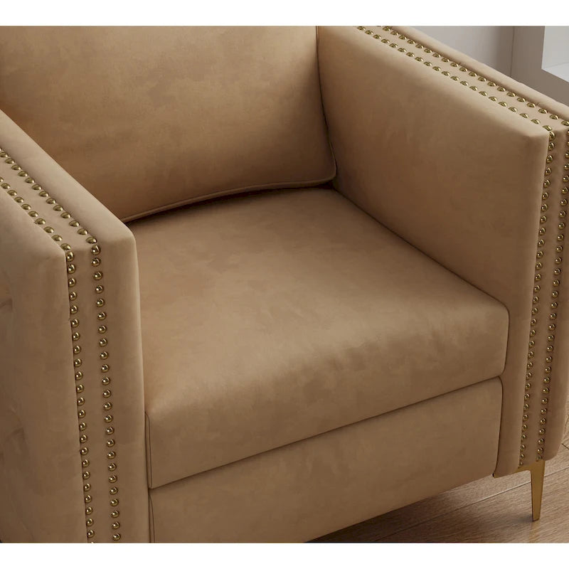 Fauteuil à accoudoirs capitonné Khaki Modern 35.4 avec pieds en métal et clous décoratifs pour salon