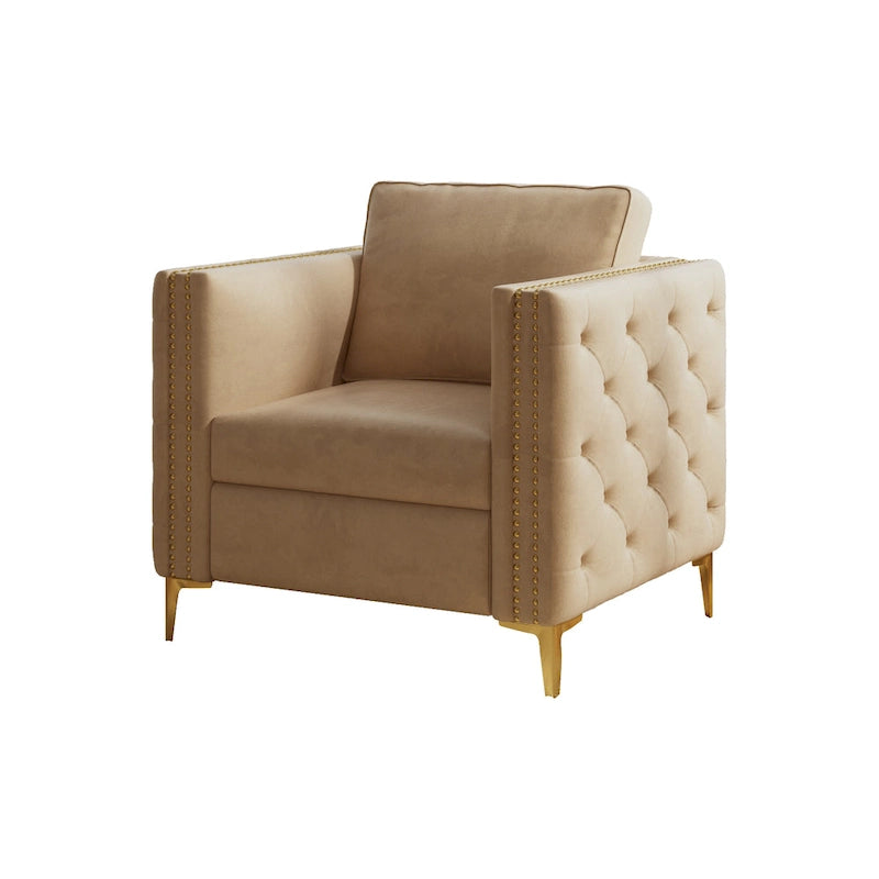 Fauteuil à accoudoirs capitonné Khaki Modern 35.4 avec pieds en métal et clous décoratifs pour salon