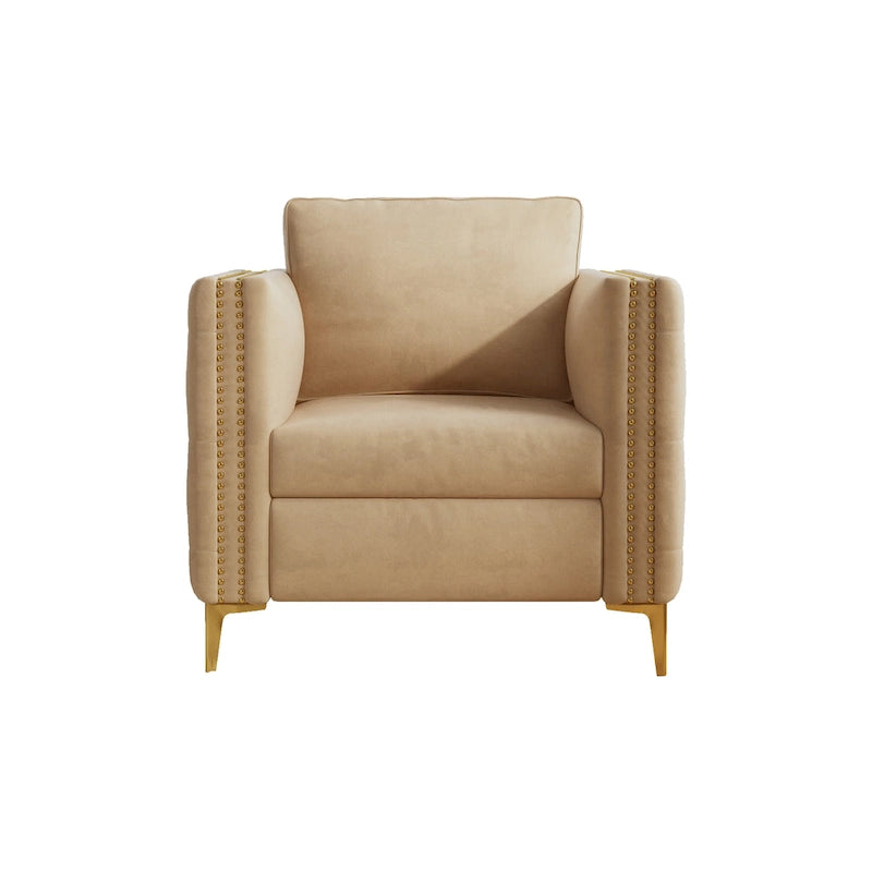 Fauteuil à accoudoirs capitonné Khaki Modern 35.4 avec pieds en métal et clous décoratifs pour salon