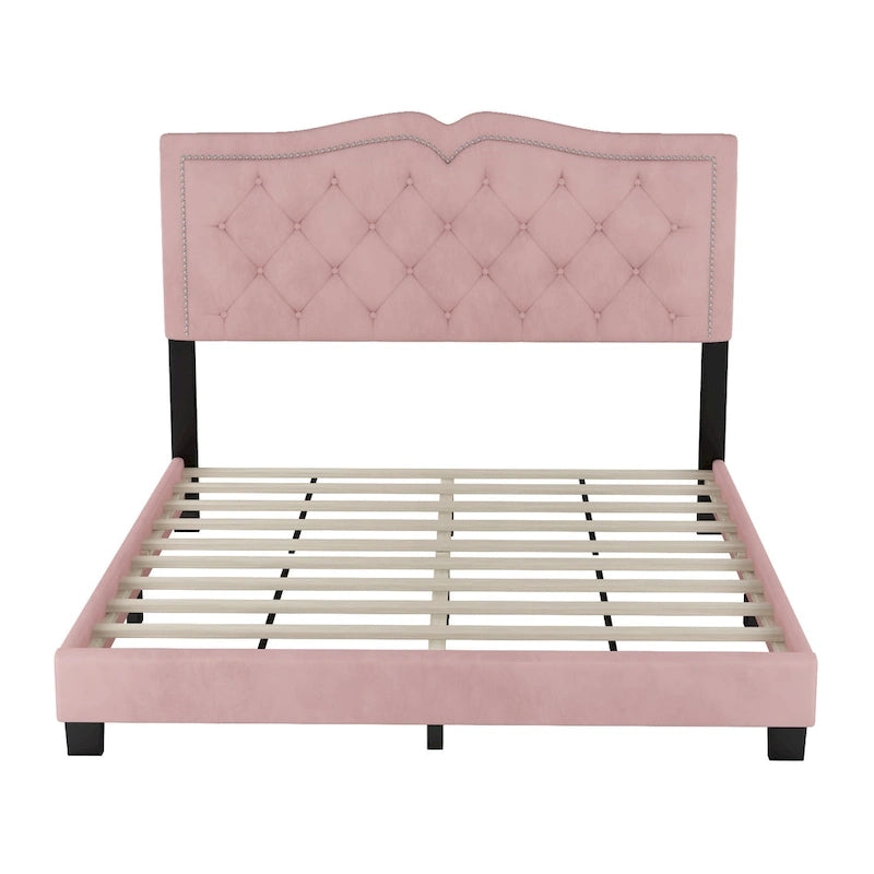Lit plateforme moderne en velours avec tête de lit capitonnée