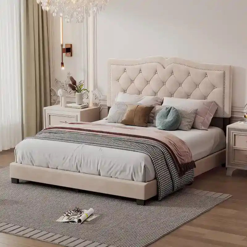 Lit plateforme moderne en velours avec tête de lit capitonnée
