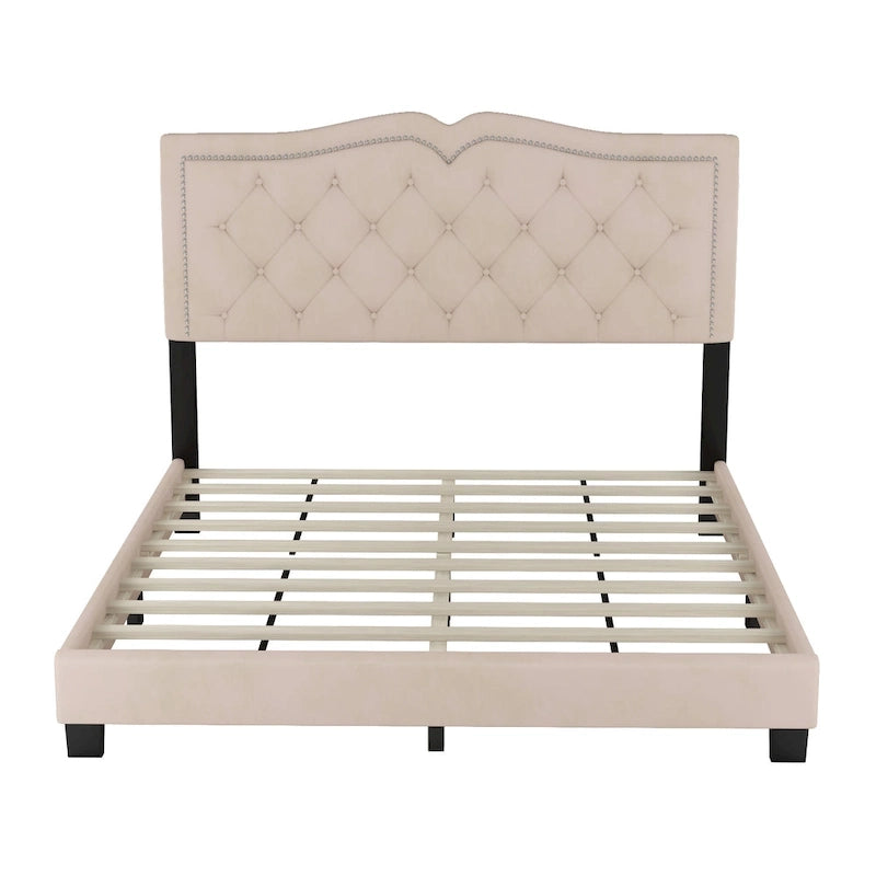 Lit plateforme moderne en velours avec tête de lit capitonnée
