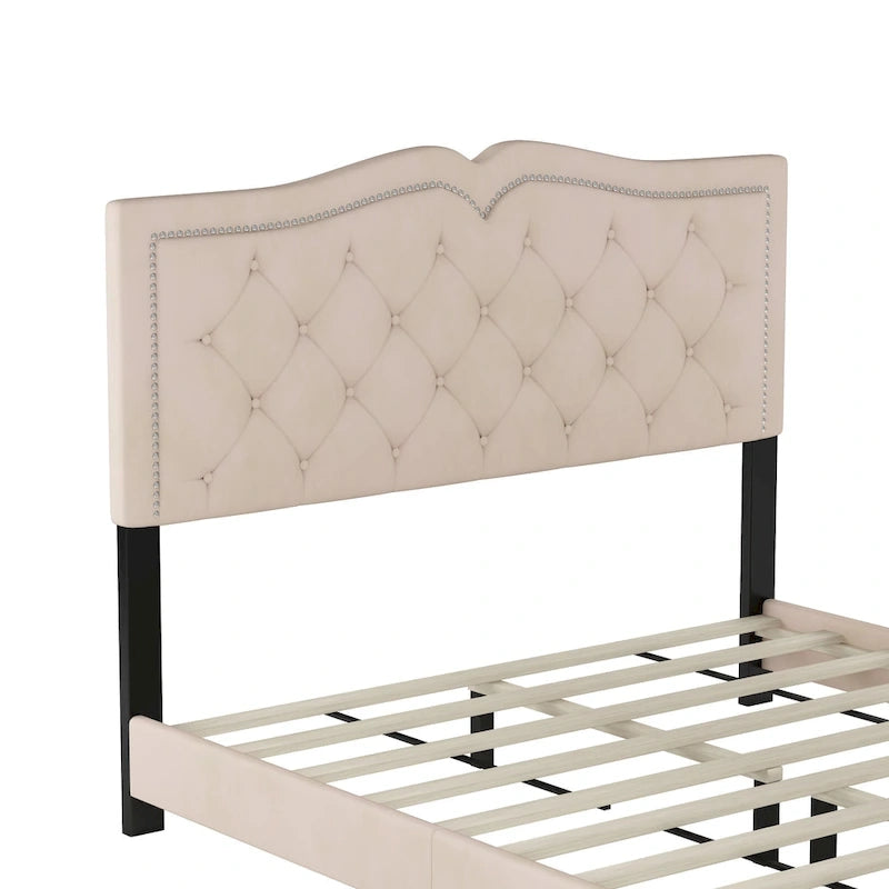 Lit plateforme moderne en velours avec tête de lit capitonnée