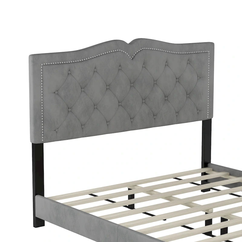 Lit plateforme moderne en velours avec tête de lit capitonnée