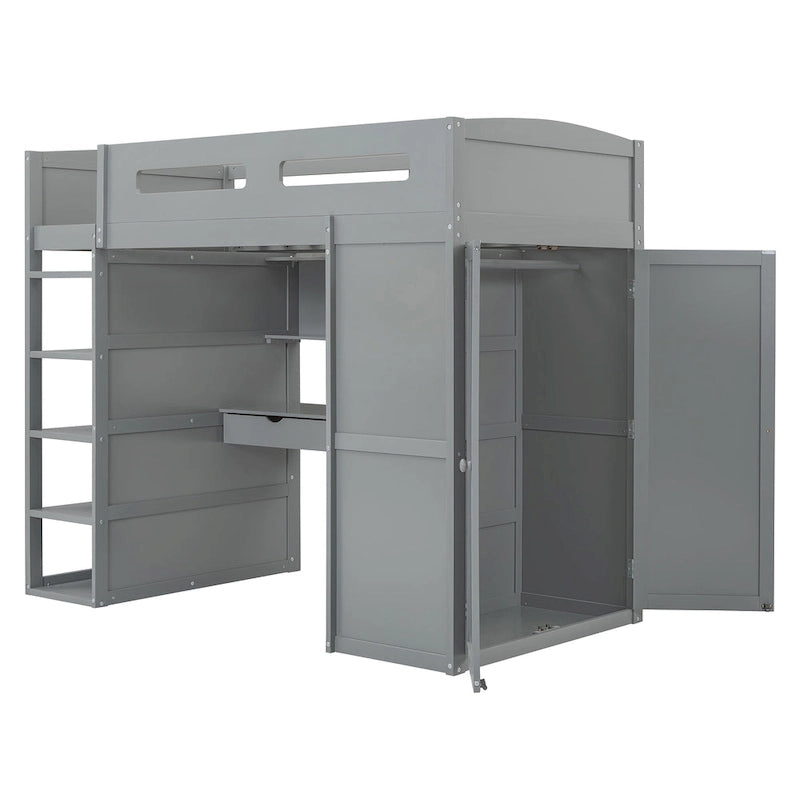 Lit mezzanine gris en bois massif pour lits jumeaux avec bureau, armoires et étagères