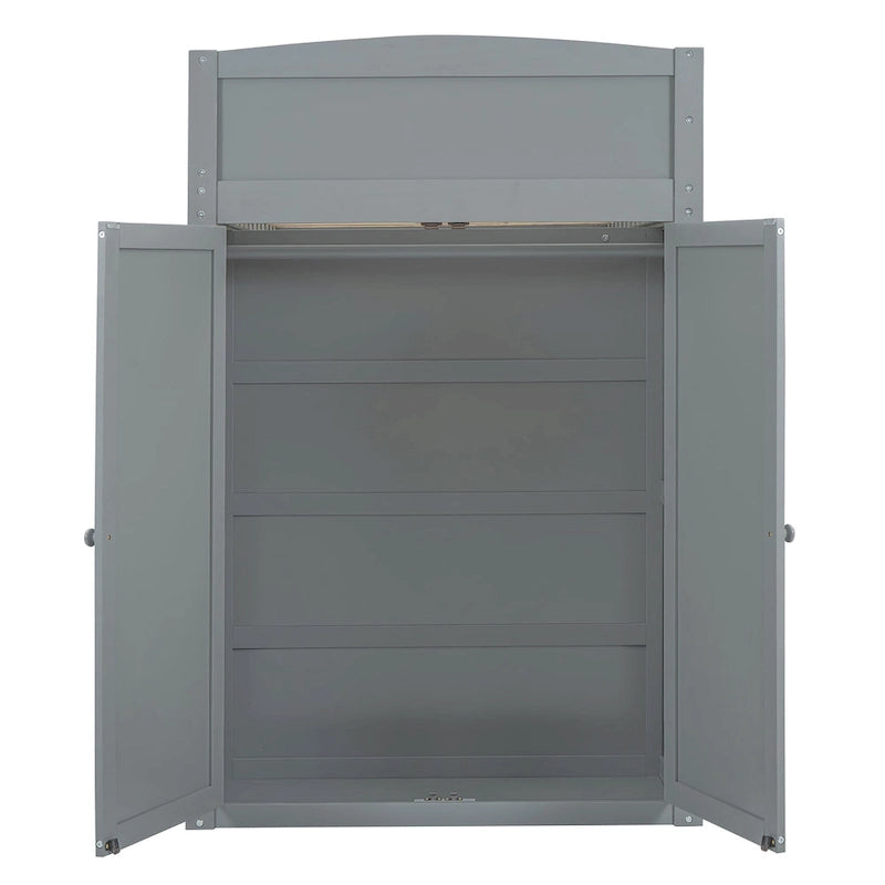 Lit mezzanine gris en bois massif pour lits jumeaux avec bureau, armoires et étagères