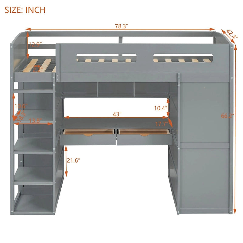Lit mezzanine gris en bois massif pour lits jumeaux avec bureau, armoires et étagères