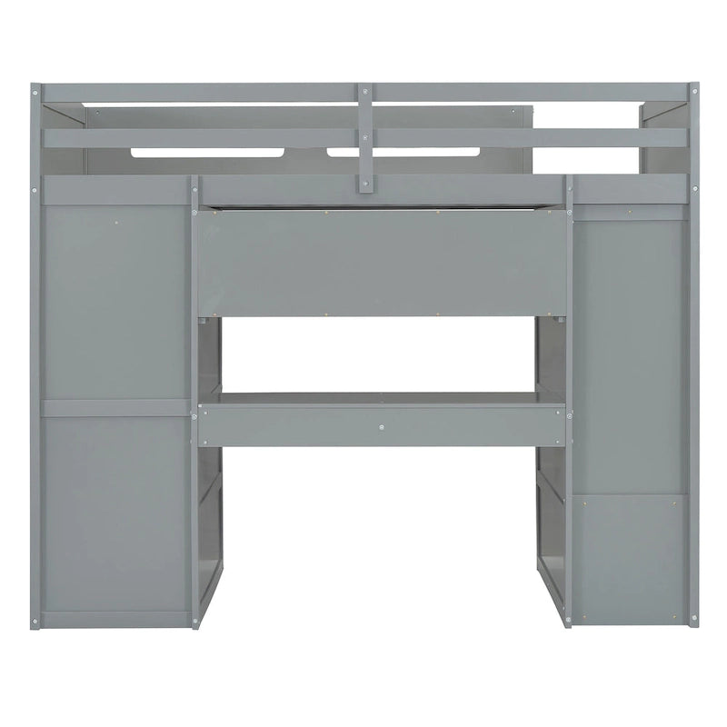 Lit mezzanine gris en bois massif pour lits jumeaux avec bureau, armoires et étagères
