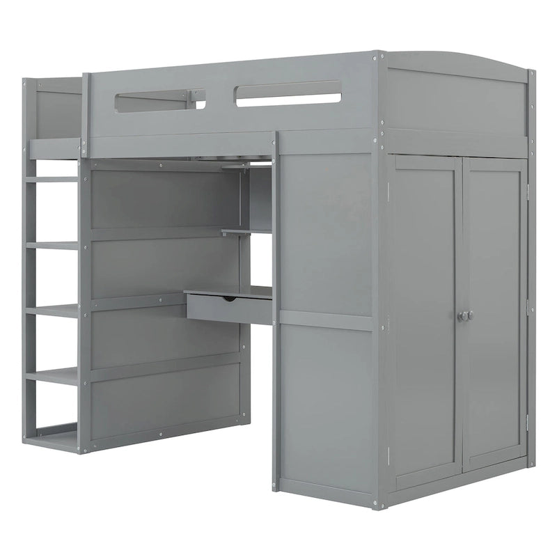 Lit mezzanine gris en bois massif pour lits jumeaux avec bureau, armoires et étagères
