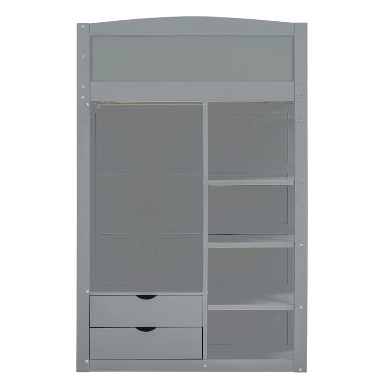 Lit mezzanine gris en bois massif pour lits jumeaux avec bureau, armoires et étagères