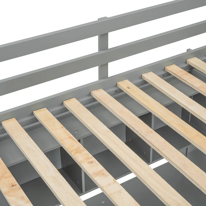 Lit mezzanine gris en bois massif pour lits jumeaux avec bureau, armoires et étagères