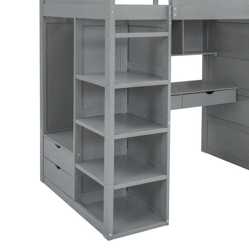 Lit mezzanine gris en bois massif pour lits jumeaux avec bureau, armoires et étagères