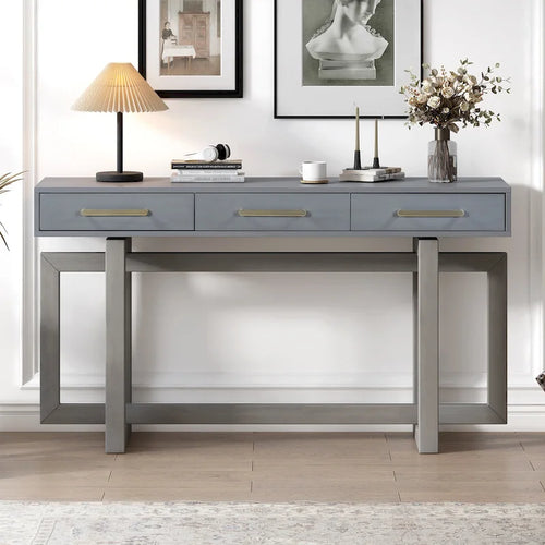 Console moderne de 57 po avec trois tiroirs et piètement original pour entrée, couloir et salon