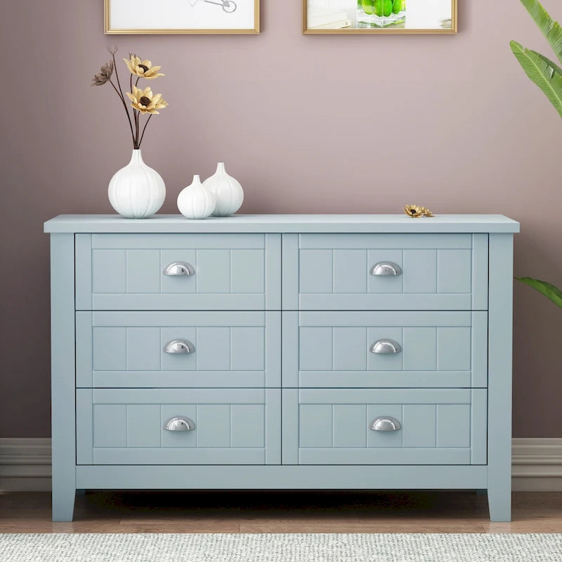 Commode double 6 tiroirs de style antique avec poignée coquille rétro pour chambre à coucher, salon