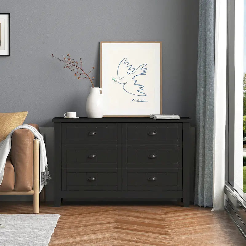 Commode double 6 tiroirs de style antique avec poignée coquille rétro pour chambre à coucher, salon